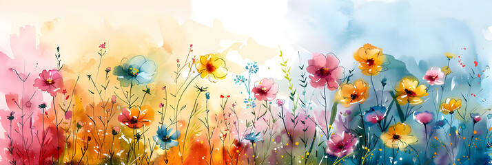 Obraz na płótnie Canvas Colorful watercolor abstract flower meadow background with rainbow wildflower wallpaper, perfect for nature-themed designs and cheerful decor.
