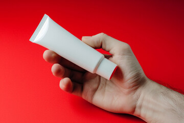 Close-up shot of a hand gripping an empty white cosmetic cream tube on a bright red isolated solid background, highlighting energy and passion,