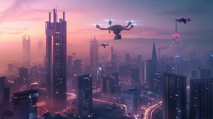 Drones Flying Over Futuristic City - obrazy, fototapety, plakaty