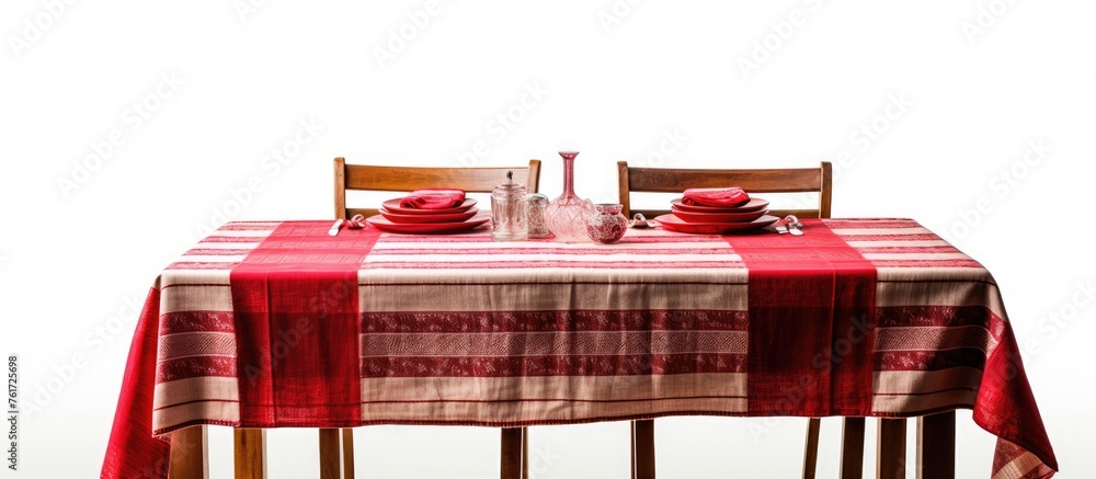 Poster a rectangular table with a magenta tablecloth and two chairs set against a city backdrop. the table 