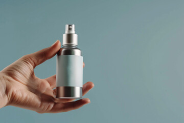 Close-up shot of hand gripping luxury elegant skincare product bottle on a bright silver isolated solid background, highlighting modernity and sleekness,