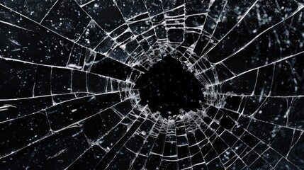 Fototapeta premium Broken glass on dark background with hole, close up photo