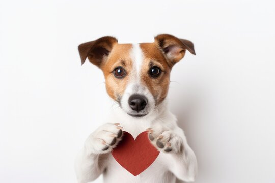 Adorable Jack Russell Terrier holding a heart cutout. Ideal for Valentine's Day, pet adoption campaigns, or pet-related advertisements. Cute and heartwarming image.
