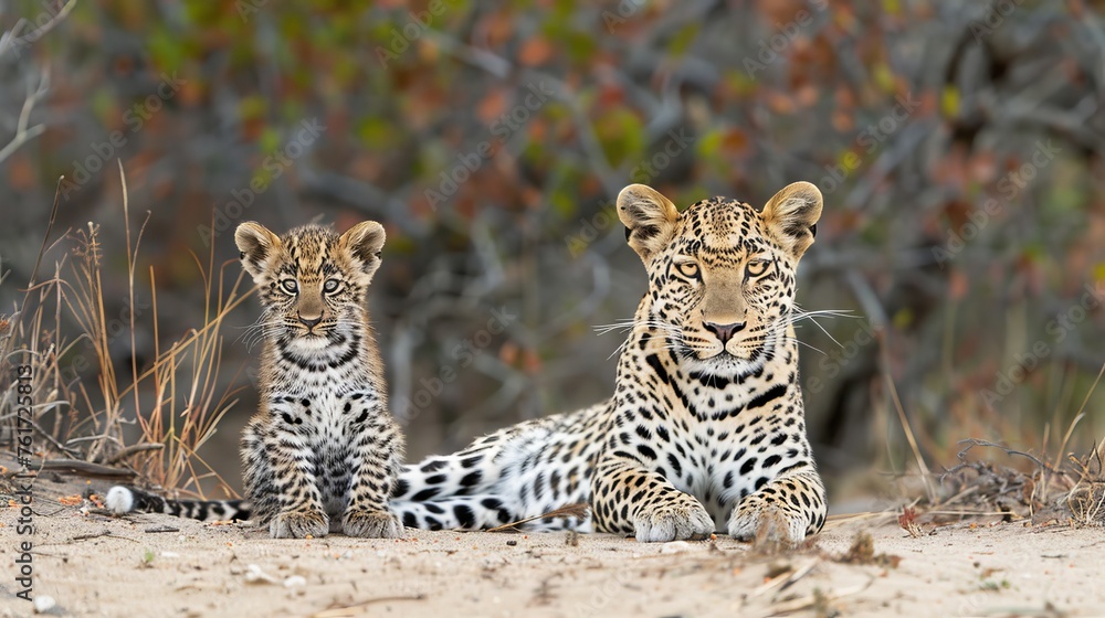 Poster male leopard and cub portrait with space for text, object on right side, ideal for adding captions