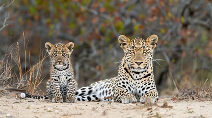Male leopard and cub portrait with space for text, object on right side, ideal for adding captions