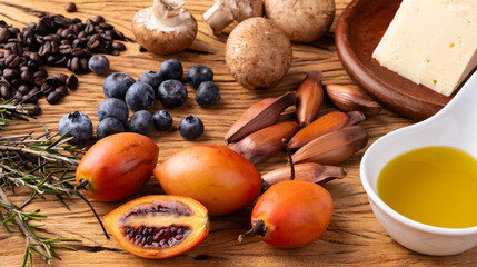 Brazilian Mantiqueira region typical ingredients. Tamarillo, pinion, blueberry, mushrooms