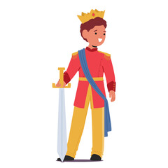 Young Child Character Dressed As A Prince, Adorned In Regal Costume, Golden Crown And Sword, Embodies Nobility