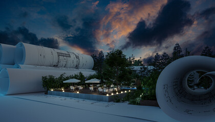Project of a Outdoor Patio Restaurant Illuminated by Night - 3D Visualization