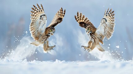 Two owls soaring gracefully in mid-air against a clear sky.