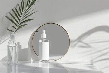 A minimalist skincare bottle, placed in front of a mirror, creating a double image and a sense of depth,