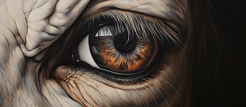 Macro photography capturing a horses eye up close against a black background, showcasing the eyelashes, wrinkles, and flesh details of this terrestrial animal