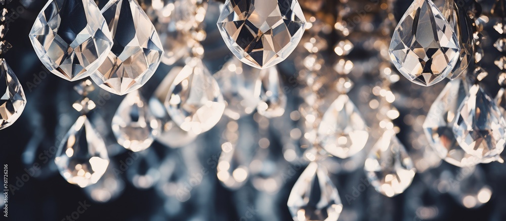 Poster a detailed closeup of a font chandelier made of aluminium with intricate metal patterns and sparklin