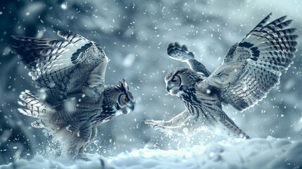 Two owls fiercely battling in a snowy setting, showcasing their aggression and territorial behavior. - obrazy, fototapety, plakaty