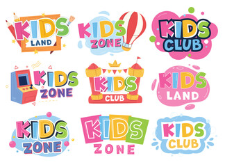 A set of logos for children entertainment rooms. Bright colored inscriptions in children style. Vector illustration
