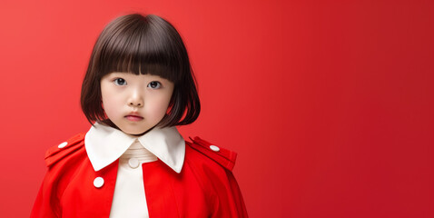Stylish cool Asian small girl, wearing fashionable coat and dress, fashion supermodel kid, Banner copy space on side. Generative AI