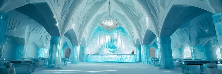 Tuinposter Otherworldly Beauty of an Icehotel: Sculpted Ice Furniture and Illuminated Icy Interiors © Leah