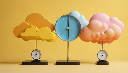3d render. Two different clouds placed on scales, isolated on yellow background. Abstract comparison concept. Simple colorful geometric cone shape. Business metaphor. Modern minimal scene