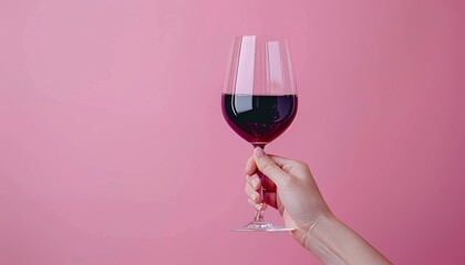 Graceful hand holding red wine glass on pastel background with ample space for text placement