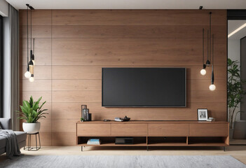 TV cabinet in contemporary living room with wooden wall décor as background.  - obrazy, fototapety, plakaty