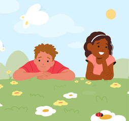 Children Characters Sprawl On Lush Spring Meadow, Giggling Amid Daisies And Clover, Soaking Up Sun Warmth