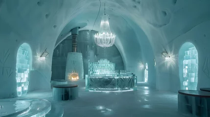 Fotobehang Otherworldly Beauty of an Icehotel: Sculpted Ice Furniture and Illuminated Icy Interiors © Leah