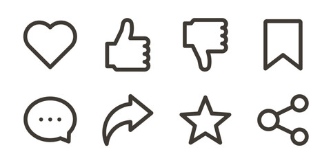 Social media interaction icons. Like, dislike, save, comment, favorite, share and more. Vector illustration symbols for digital communication and user engagement concept, apps and websites.
