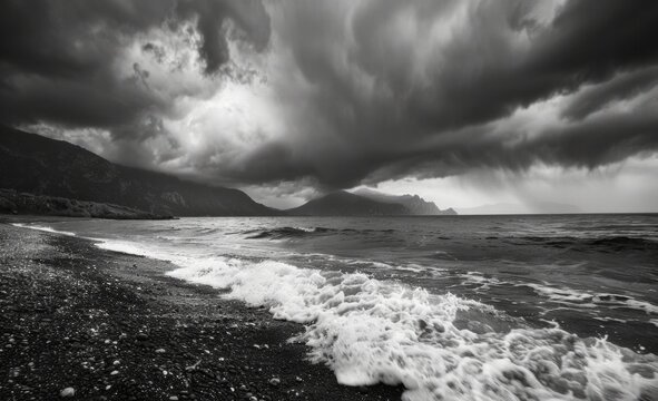 Black and white photography of stormy clouds over the sea, waves crashing on a black sand beach Generative AI