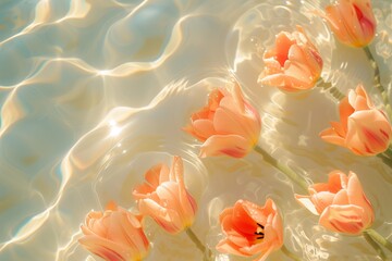 Elegant tulips in full bloom, floating on peaceful pond bathed in sunlight Dreamlike scenery of vibrant tulips drifting on water in sunlit garden Spring background concept, abstract natural backdrop