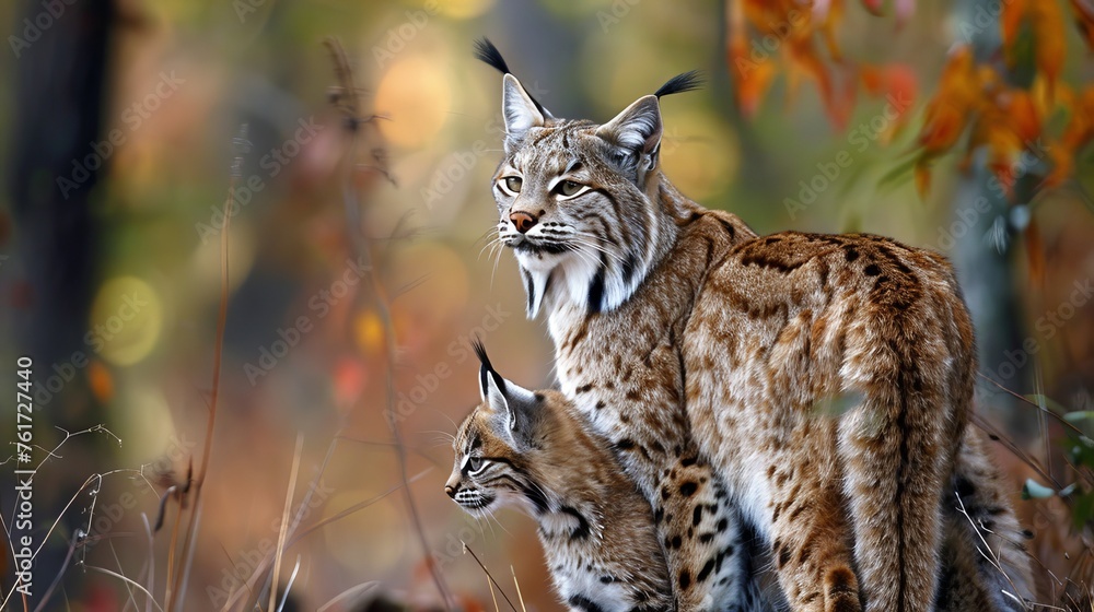 Poster male bobcat and kitten portrait with empty space on the left ideal for adding text