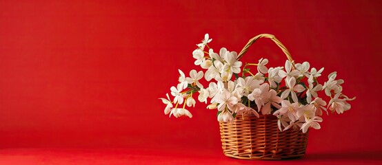 Obraz na płótnie Canvas White flowers in wooden basket on red spring background. AI generated illustration