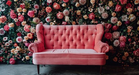 A pink couch is placed in front of a wall covered with colorful flowers, creating a vibrant and cheerful setting.