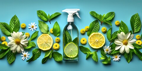  Spray for cleaning and refreshing the room surrounded by lemons. Concept: environmentally friendly products, eco and natural flavors