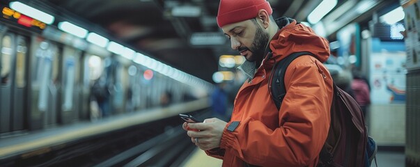 Man taking train paying with phone - obrazy, fototapety, plakaty