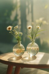 Aesthetic composition of wildflowers in a vase, highlighted by warm sunlight. Gentle sunlight filters through a bouquet of daisies, casting delicate shadows.