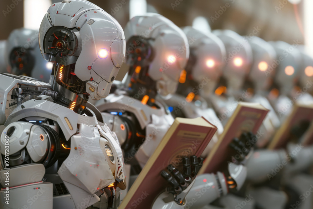 Poster ai robot reading book. artificial intelligence, machine learning, technology concept.