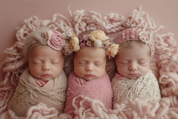 Fototapeta na wymiar Three newborn children . Photo shoot of newborn babies