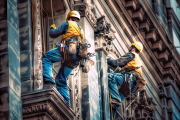Two workers with safety harnesses are engaged in the restoration of a historical stone building's facade, using scaffolding and professional equipment for high-altitude masonry work.