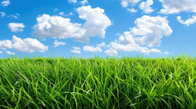 Embrace nature's beauty with our stunning image of lush green grass against a backdrop of beautiful blue sky and fluffy clouds.