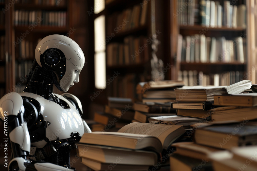 Poster ai robot sitting and reading book in library. artificial intelligence, machine learning, innovation,