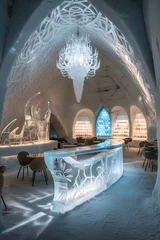 Foto op Plexiglas Otherworldly Beauty of an Icehotel: Sculpted Ice Furniture and Illuminated Icy Interiors © Leah