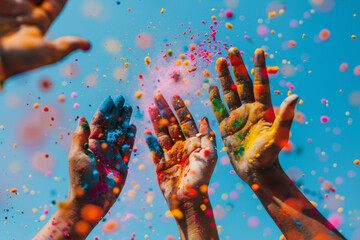 A group of people are throwing colorful powder into the air, creating a vibrant and joyful atmosphere. The scene captures a moment of celebration and happiness, Holi festival. - Powered by Adobe