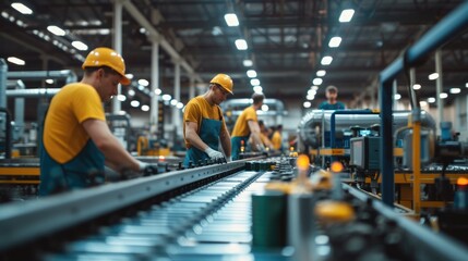 A group of men are engaged in mass production on a conveyor belt in a factory, utilizing machines and engineering skills. AIG41