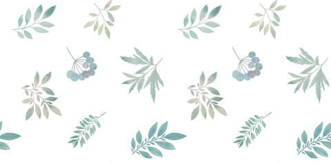 seamless botanical pattern, watercolor green leaves on a white background