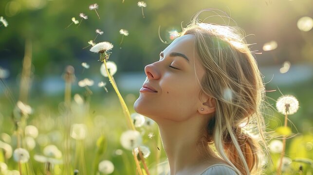 Breathe easy with our image of a beautiful young woman enjoying the outdoors allergy-free, surrounded by green grass and dandelions