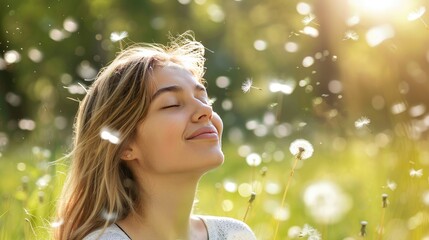 Breathe easy with our image of a beautiful young woman enjoying the outdoors allergy-free, surrounded by green grass and dandelions