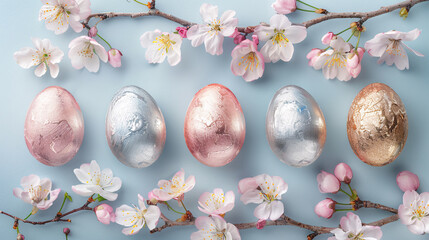 Fototapeta na wymiar Shiny Easter eggs with cherry blossom on blue background, Easter and springtime concept in luxury style backdrop, top view