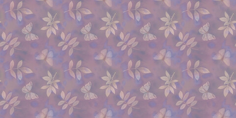 Watercolor design of butterflies and leaves. Illustration of drawn branches with leaves for design, butterflies flying seamless pattern