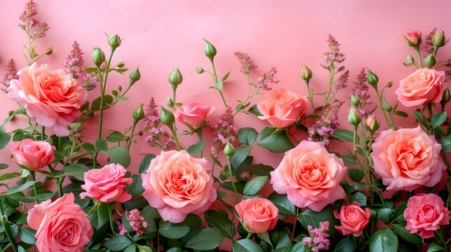 Bouquet of pink roses on pink background. Mother's day, Valentines Day, Birthday celebration concept. Greeting card. Copy space for text, top view : Generative AI