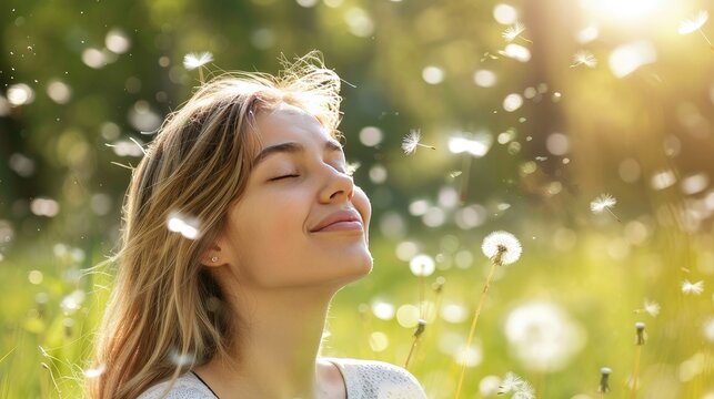 Breathe easy with our image of a beautiful young woman enjoying the outdoors allergy-free, surrounded by green grass and dandelions