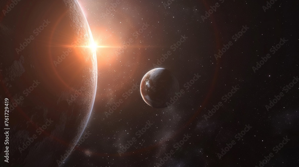 Poster planetary system with mesmerizing solar flares in the profound darkness of outer space